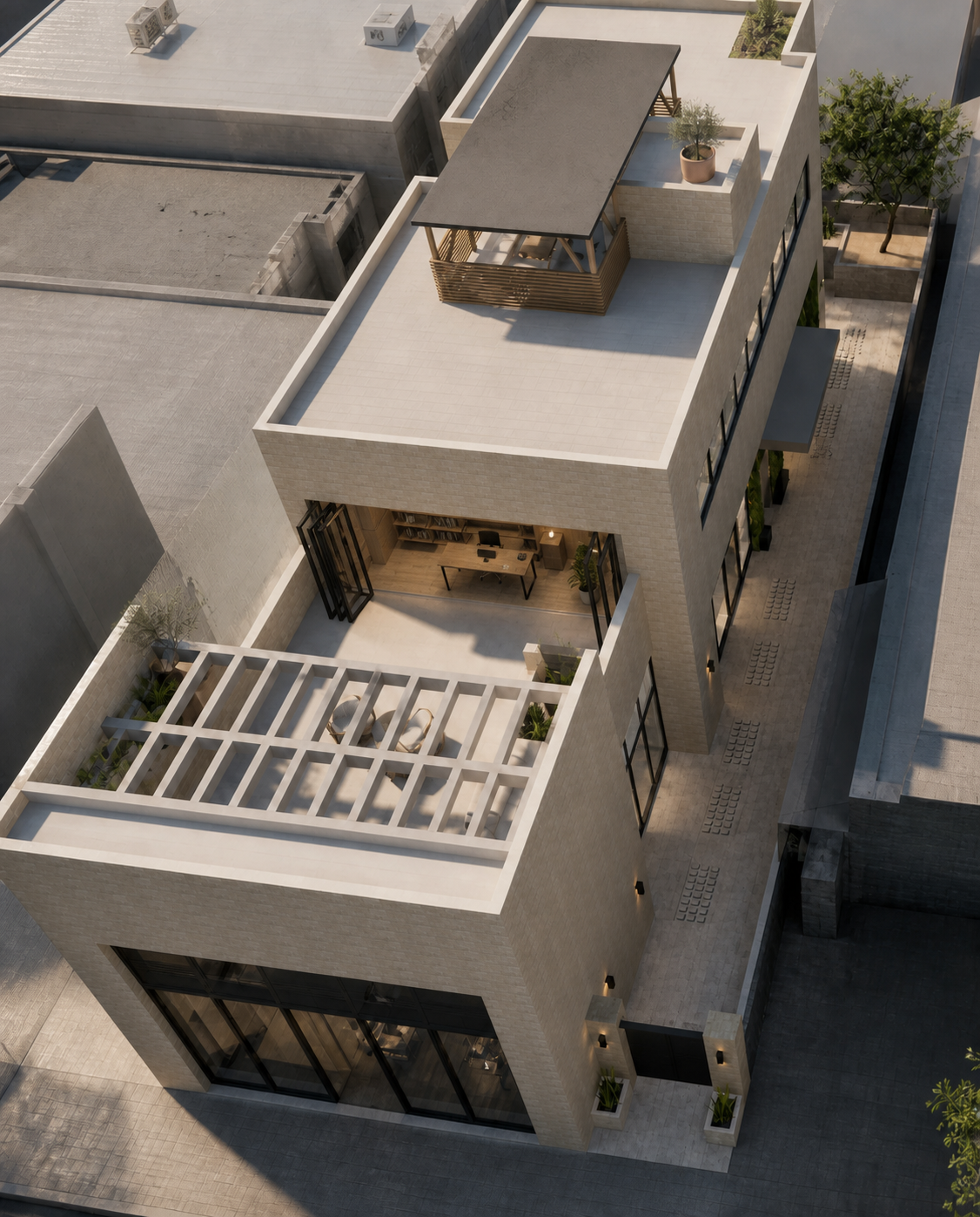 Concept rendering of the upper-level patio, folding glass doors, courtyard, and canopy